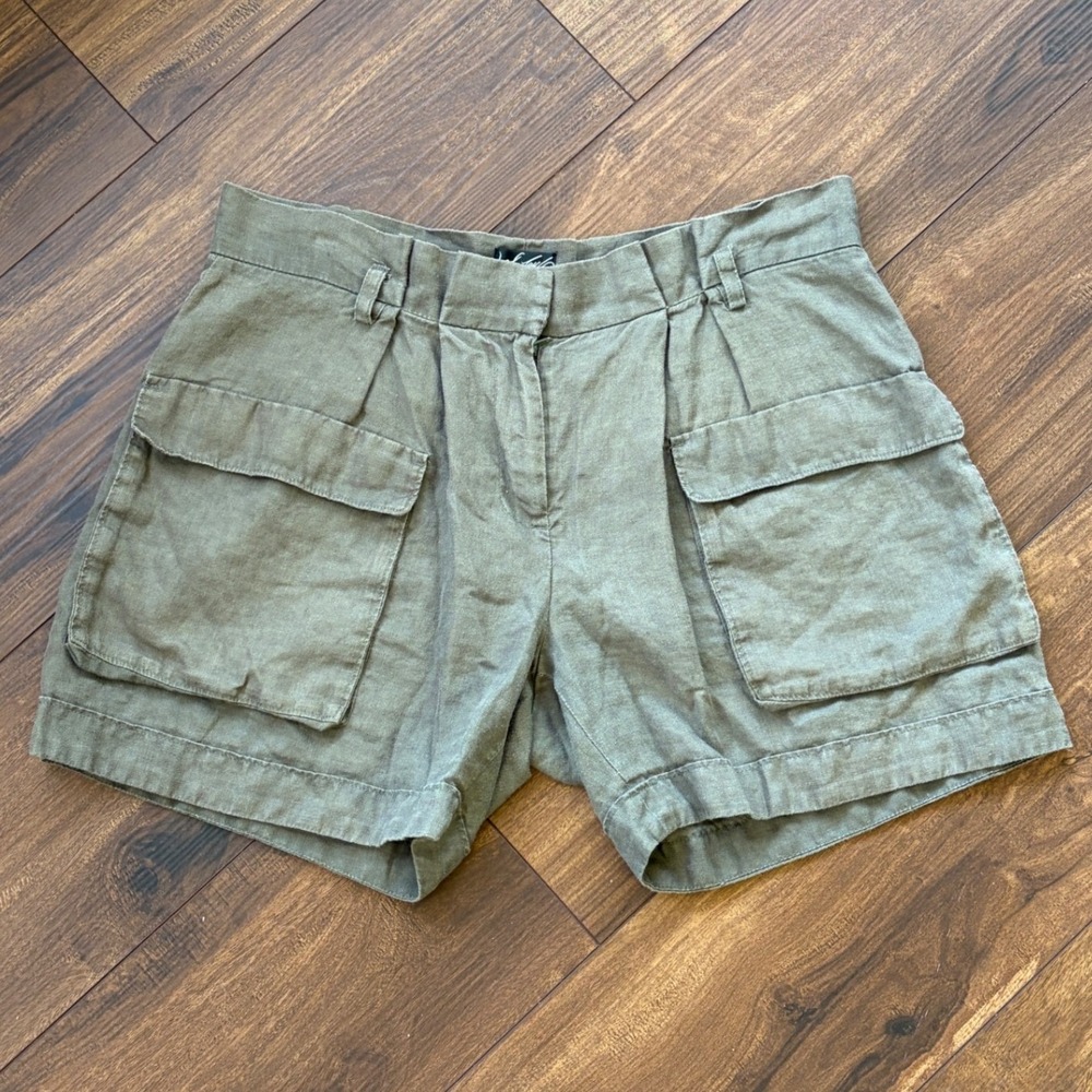Lord & Taylor Vintage Olive Green 100% Linen Cargo Utility Shorts 6 Gorp Preppy